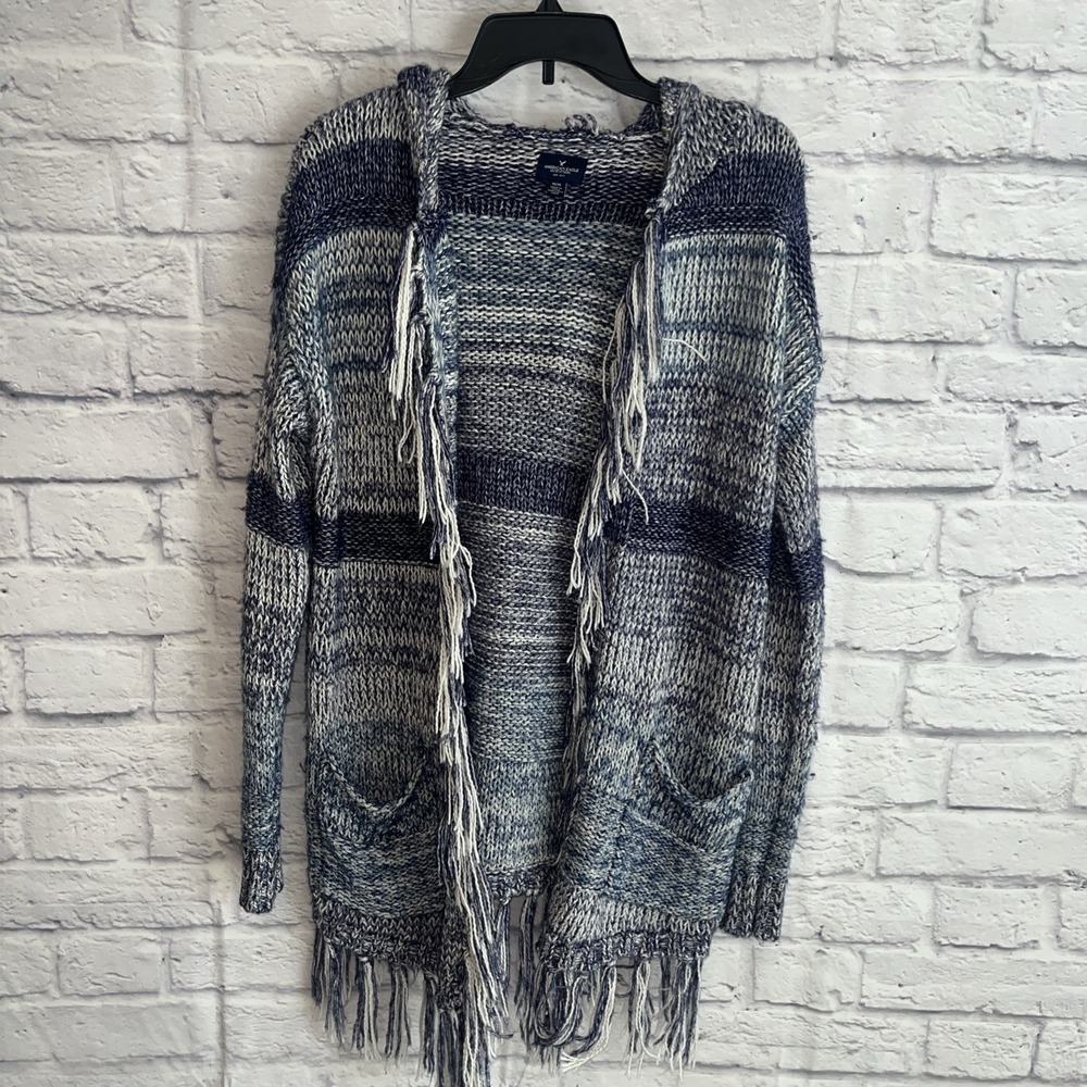 American Eagle Fringe Knit Hooded Open Front Boho Cardigan Sweater Size Medium